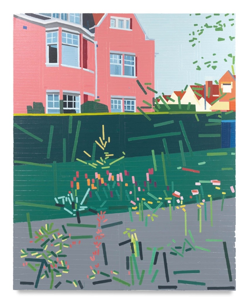 Painting of a colorful building and garden with abstract brushstrokes in shades of pink, green, and blue.
