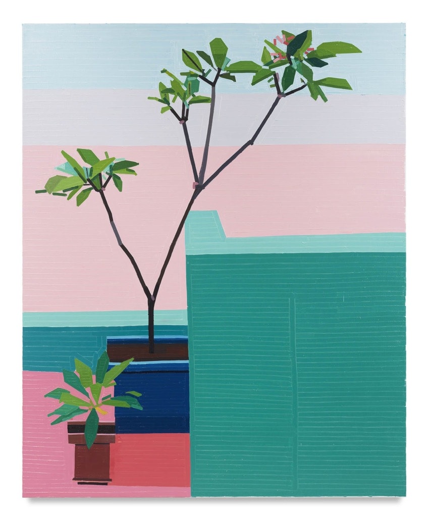 Painting of potted plants with a minimalist style, featuring green foliage and a geometric background in pastel shades.