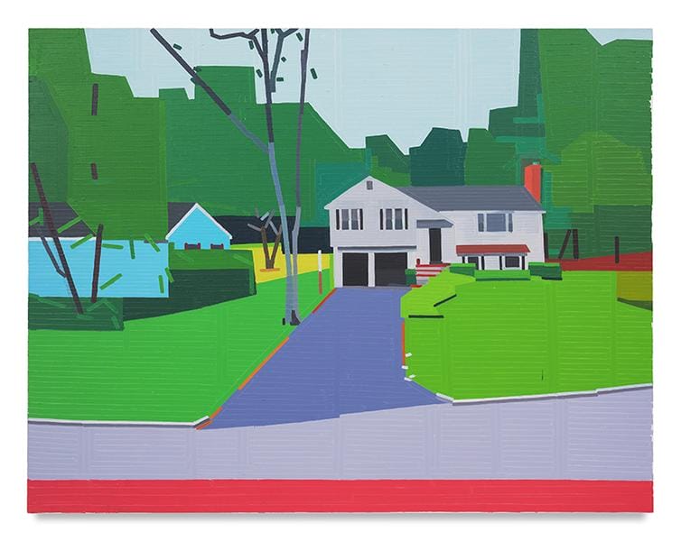 Colorful modern painting of a suburban house with a driveway, surrounded by greenery and a blue sky.