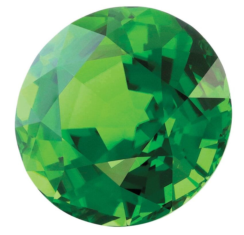 A brilliant-cut green gemstone with intricate facets reflecting light.