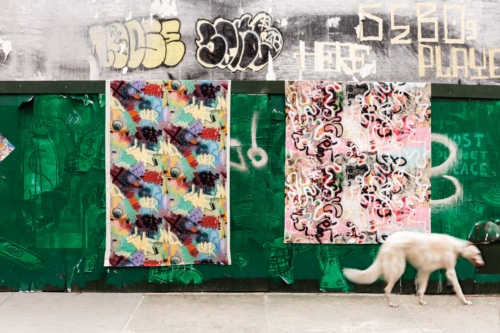 Pierre Frey’s Eighty Thirty (left) was designed by street artist Toxic; the fabric name celebrates both the company’s 80-year anniversary and the artist’s 30-year career. Reproduced from a painting by Charles Pringuay, Street Dyptique (right), also from Pierre Frey, is a perfect representation of the endless layering of street art.