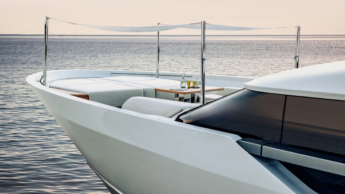 Sunbeds installed in the bow of the Jean-Charles Tomas-designed Sanlorenzo dream yacht.
