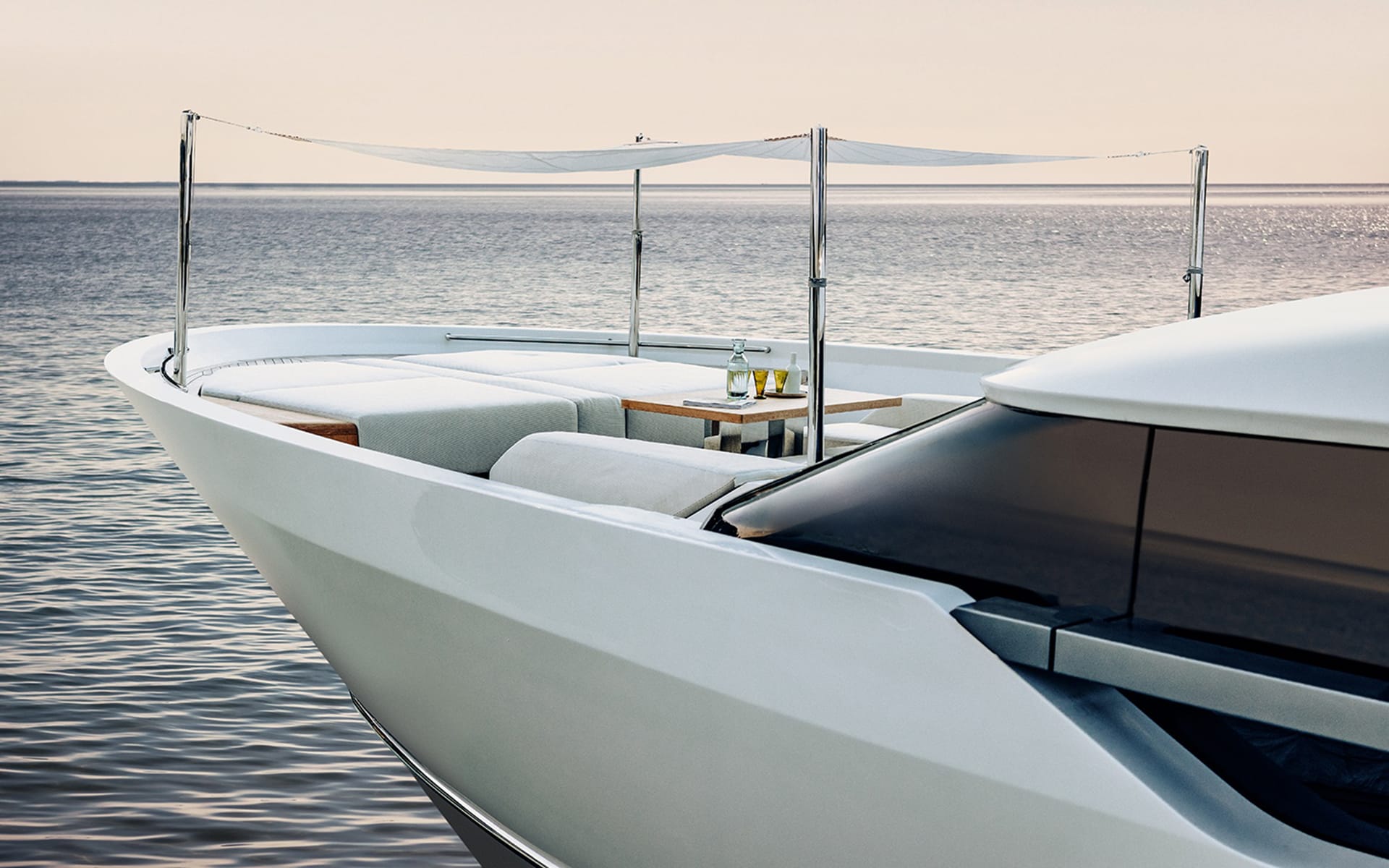 Sunbeds installed in the bow of the Jean-Charles Tomas-designed Sanlorenzo dream yacht.