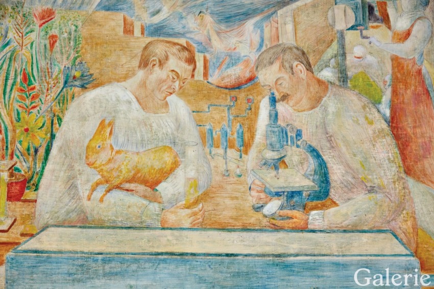 Two men in laboratory setting with a rabbit and microscope, colorful mural depicting scientific research scene.