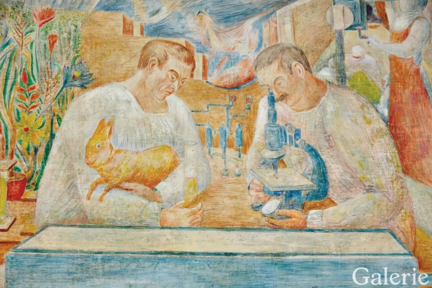 Two men in laboratory setting with a rabbit and microscope, colorful mural depicting scientific research scene.