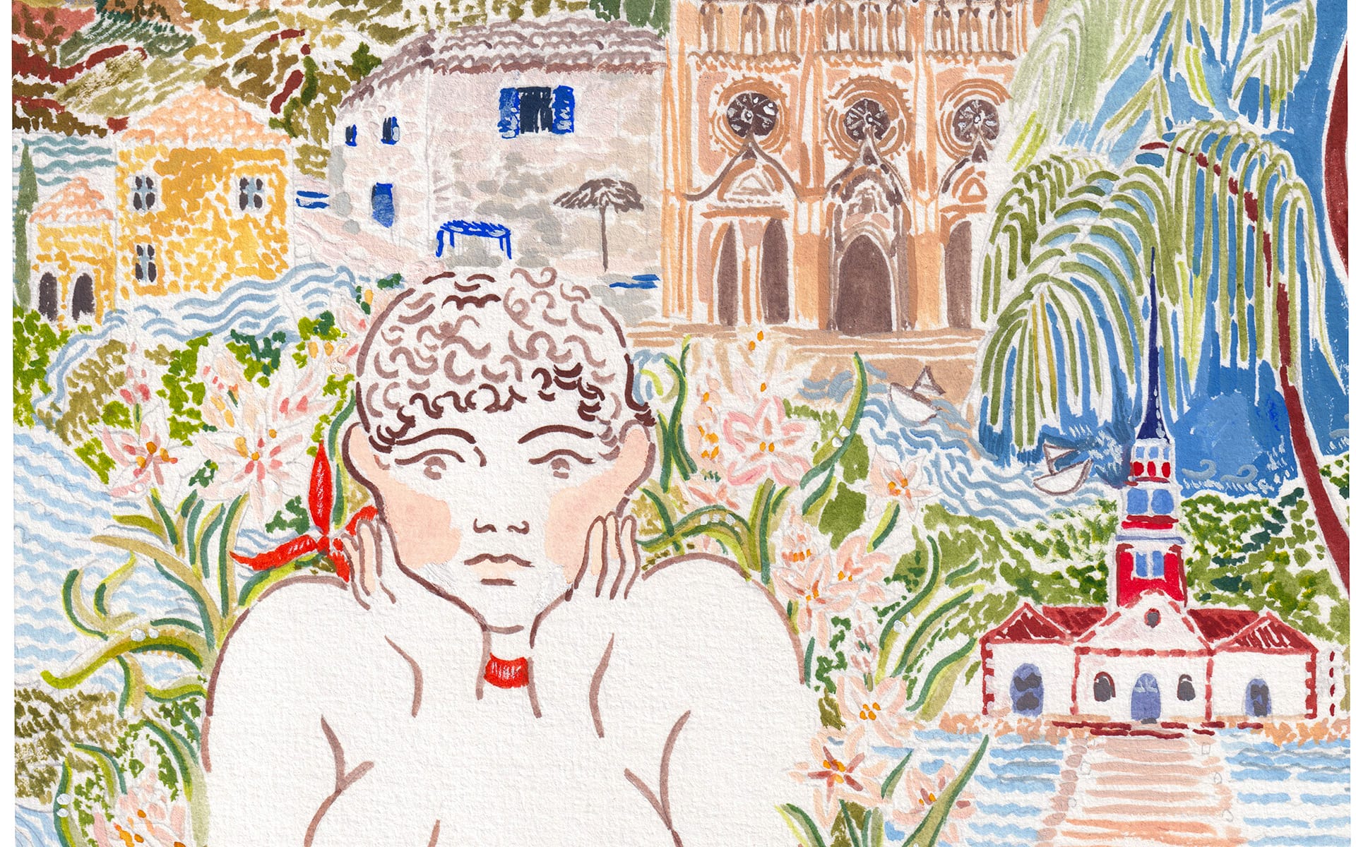 Colorful illustration of a person surrounded by flowers and buildings, with a background of a church, houses, and tropical plants.