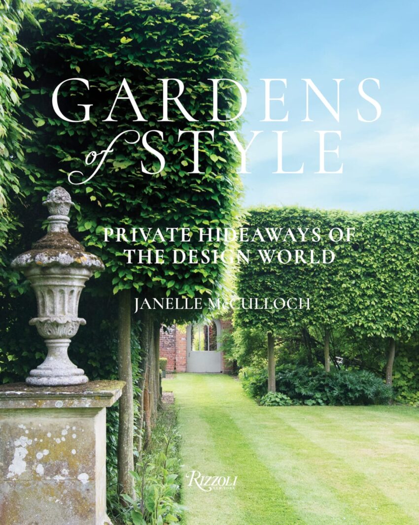 Cover of "Gardens of Style" book featuring a lush garden path lined with manicured hedges and classical sculptures.