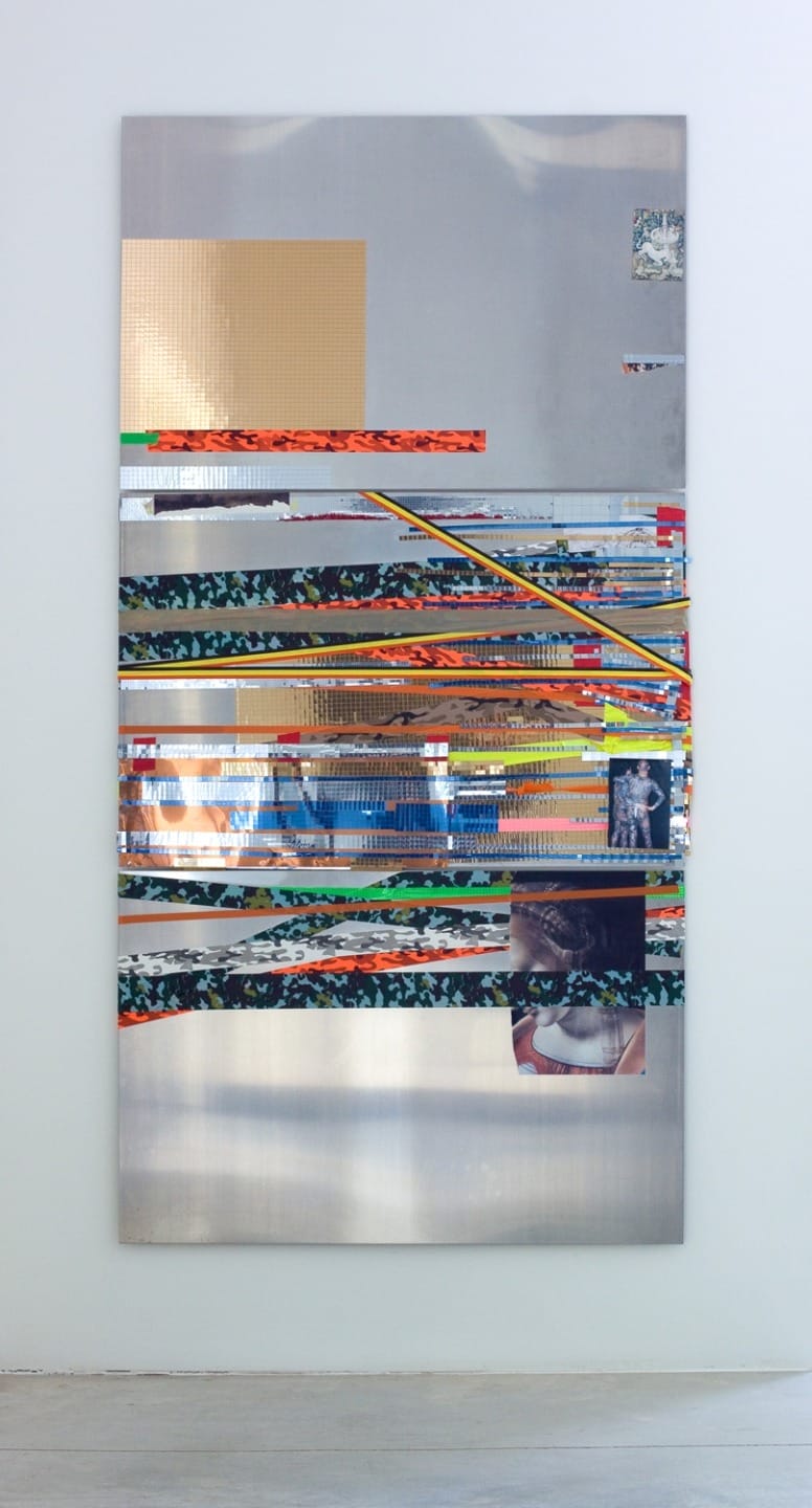 Abstract artwork featuring various colorful horizontal lines and geometric shapes on a silver metallic background.