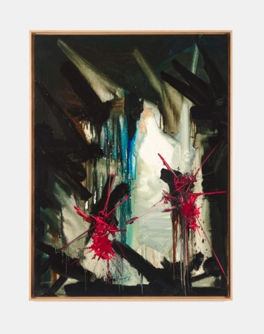 Abstract painting with dark and light strokes, featuring bright red splatters and a mix of sharp black lines and shapes.