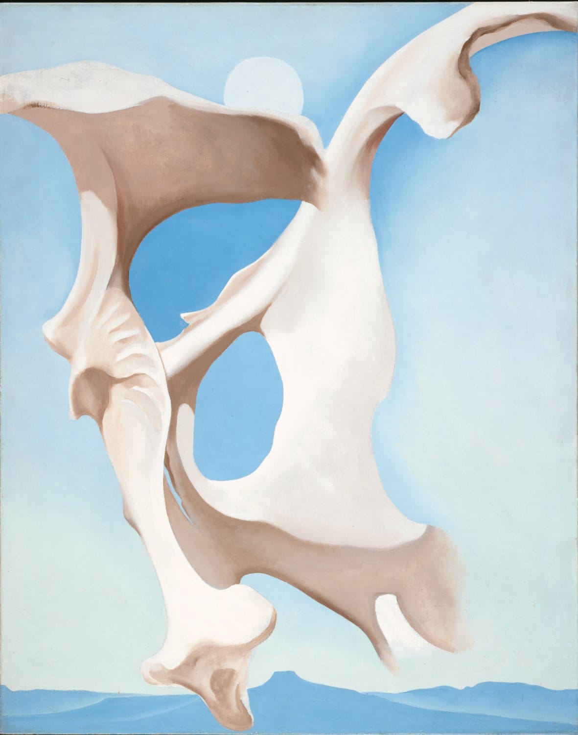 Surreal painting of abstract bone shapes set against a blue sky with distant mountains in the background.