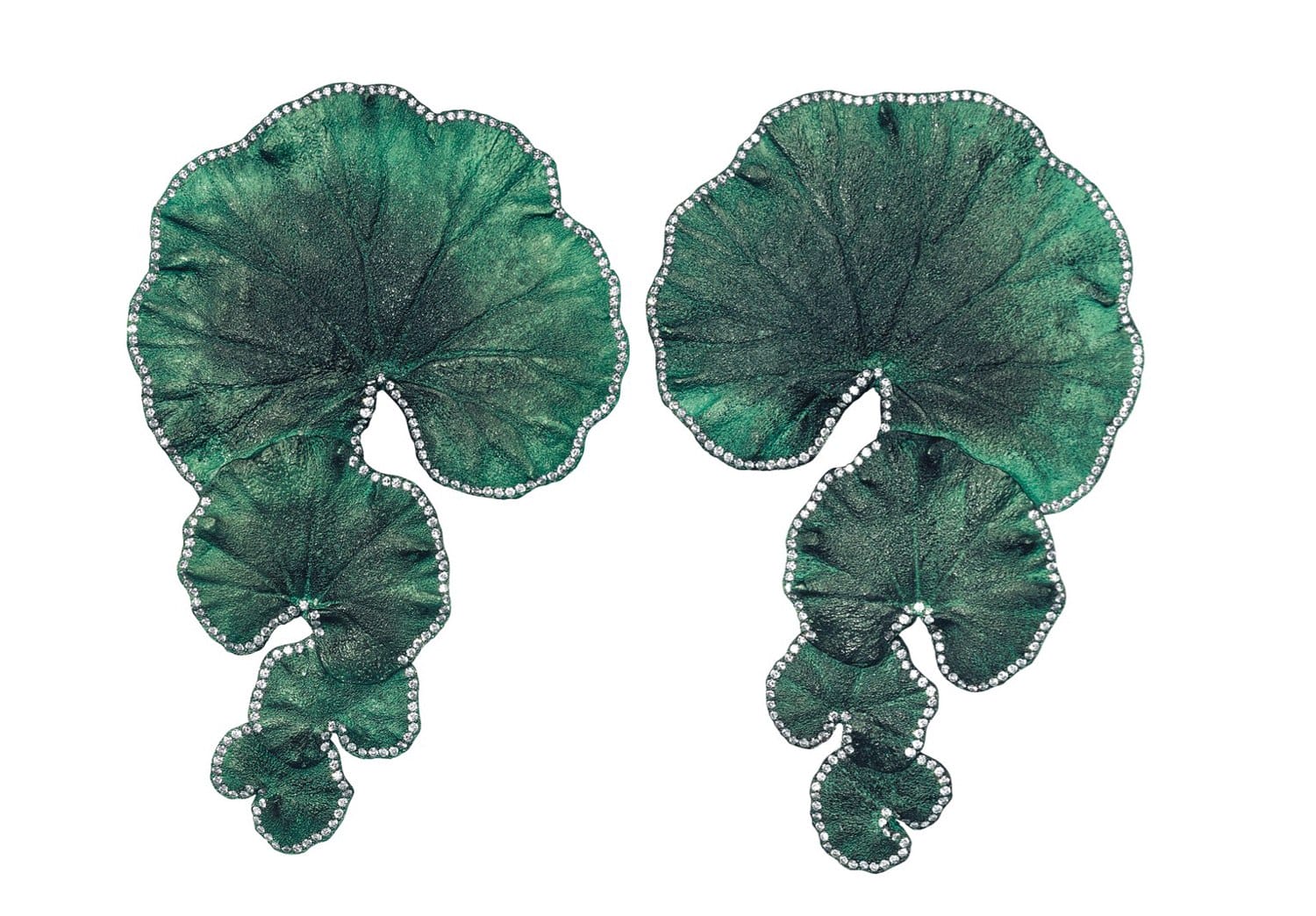 Green leaf-shaped earrings adorned with small white gemstones.