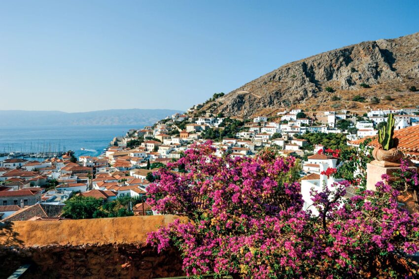 Scenic view of a coastal town with colorful flowers in the foreground, white houses, and a hillside in the background.