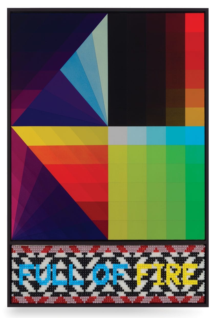 Colorful geometric abstract art with bold text reading "Full of Fire" at the bottom, featuring vibrant diagonal patterns.