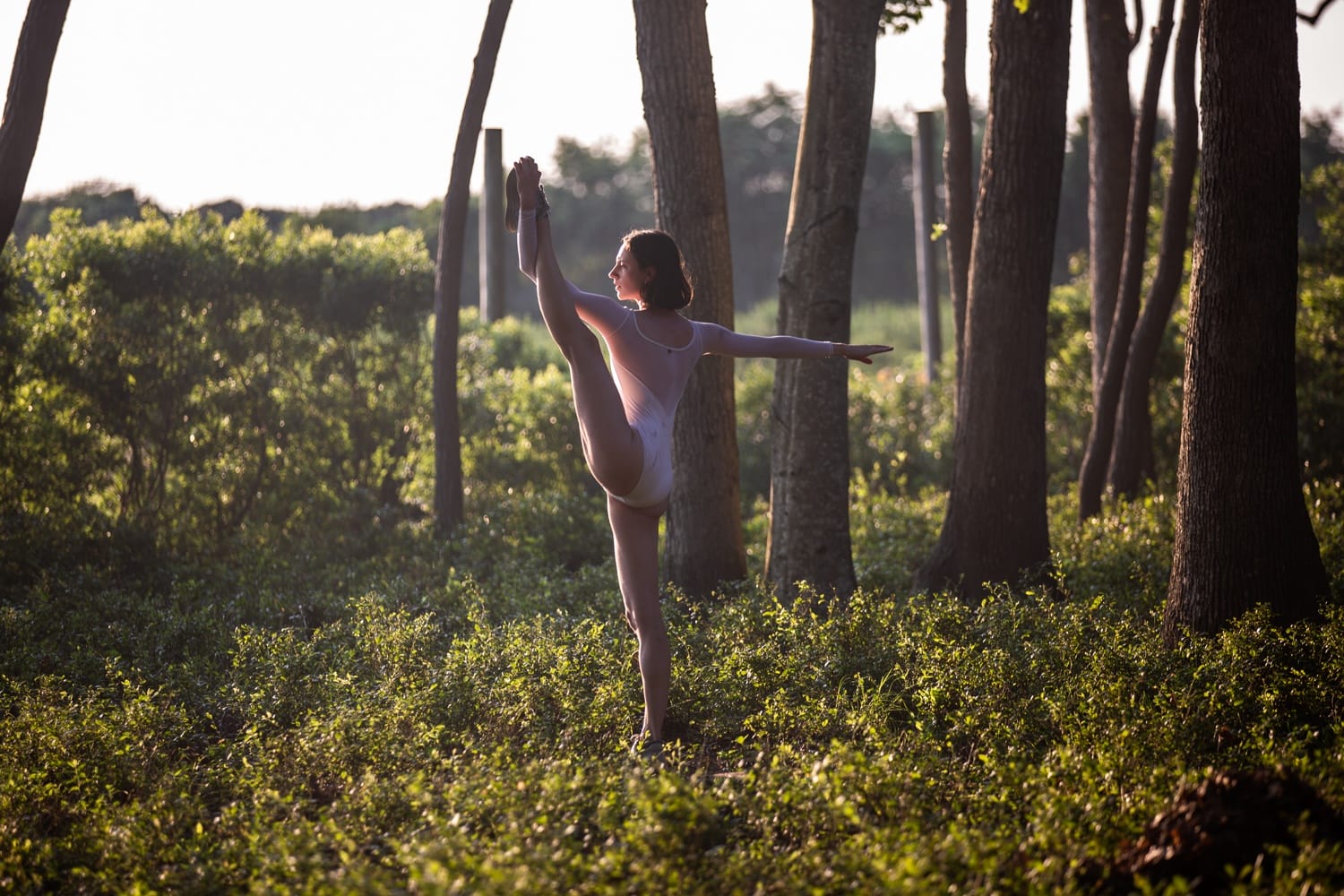 Ballet dancer in pink leotard performs a high leg stretch in a sunlit forest clearing surrounded by trees.