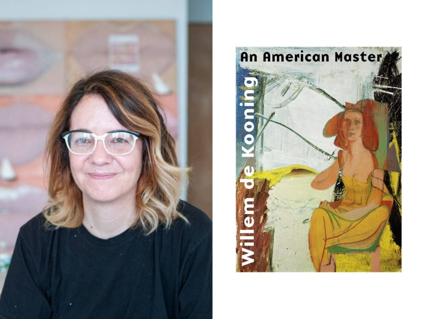 A person with glasses and wavy hair next to a Willem de Kooning book cover titled "An American Master" featuring abstract art.