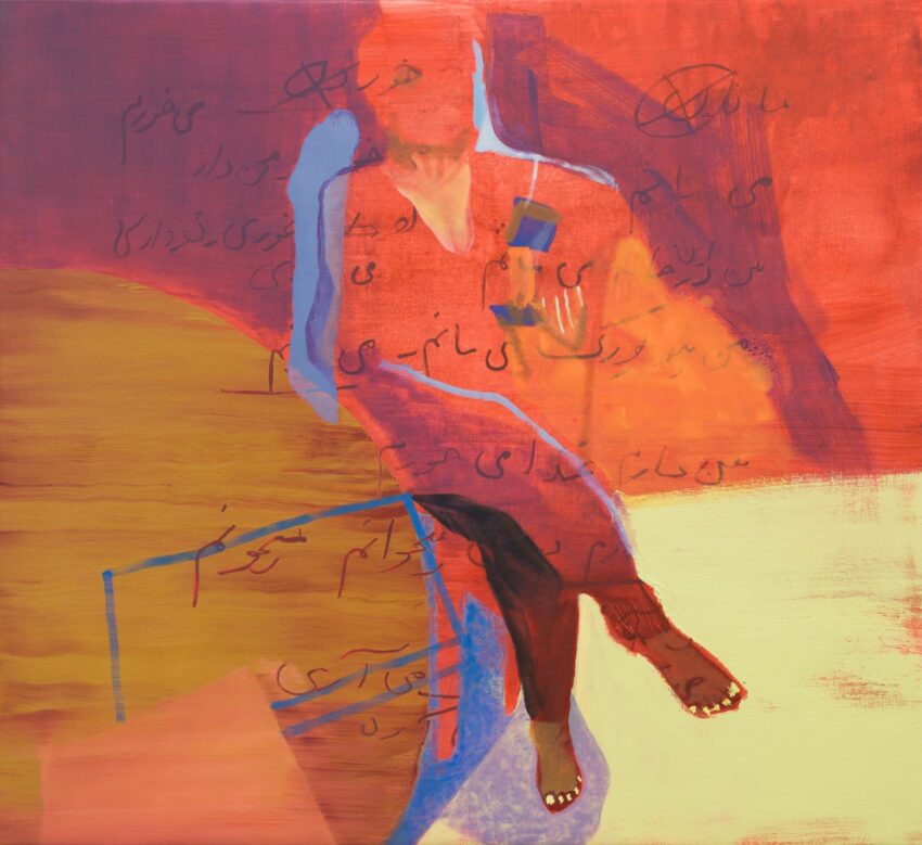 Abstract painting of a seated person with flowing red and orange colors, featuring abstract Persian calligraphy.