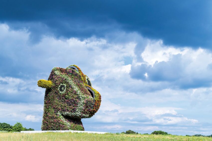 Sculpted topiary horse head against a dramatic cloudy sky in a green field.