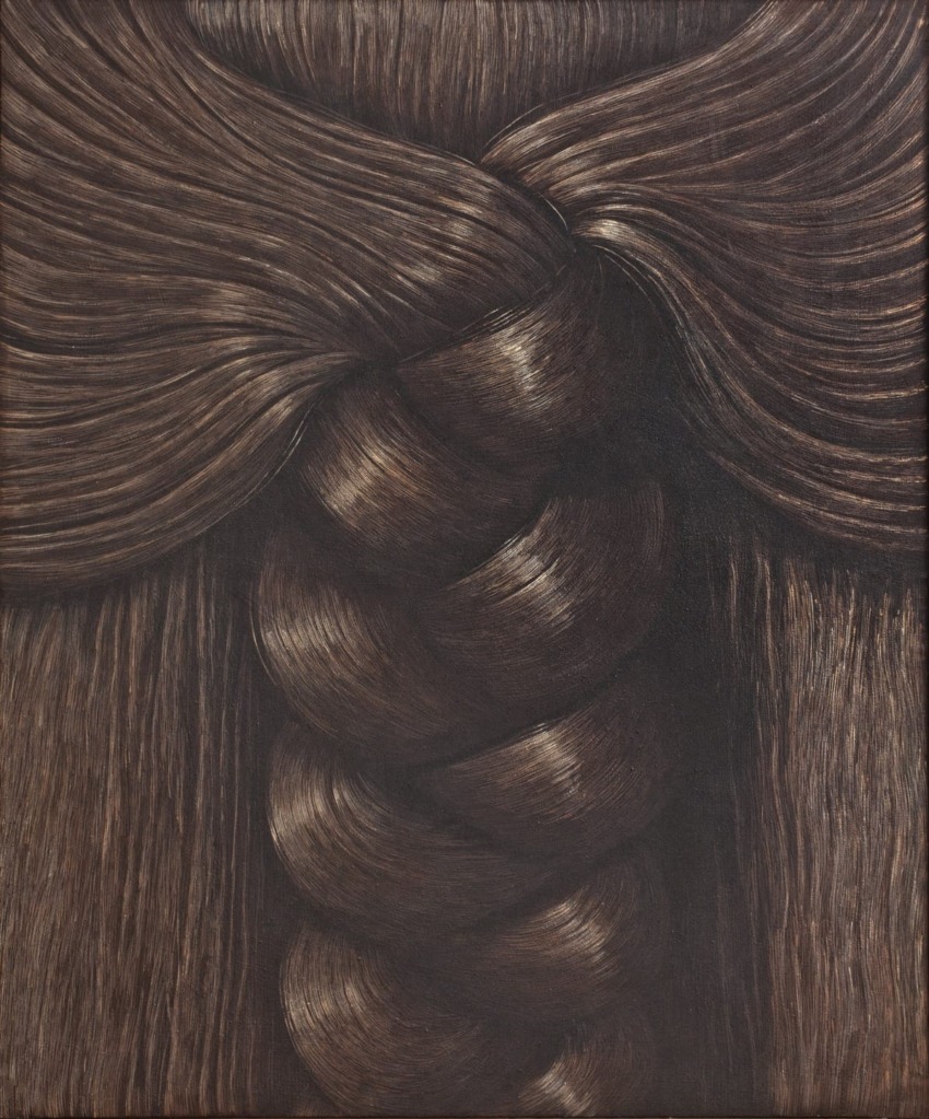 Close-up view of a detailed and textured braided hairstyle with rich brown tones and intricate overlapping strands.