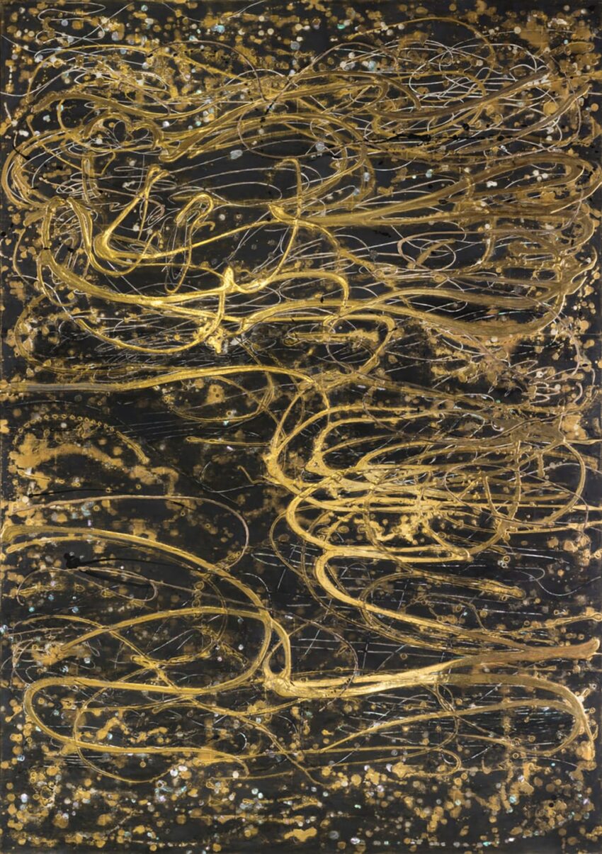 Abstract gold and black painting with swirling patterns and splatter effects.