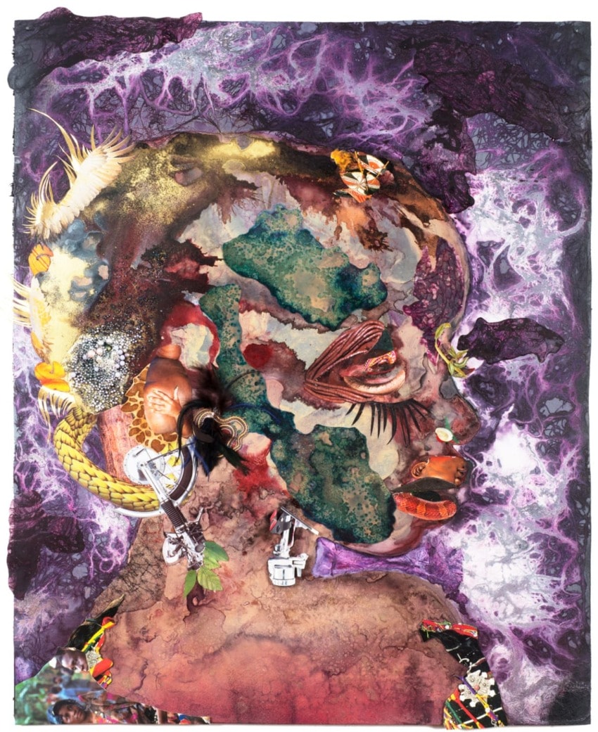 Abstract artwork of a person's profile with vibrant colors and mixed media textures against a purple background.