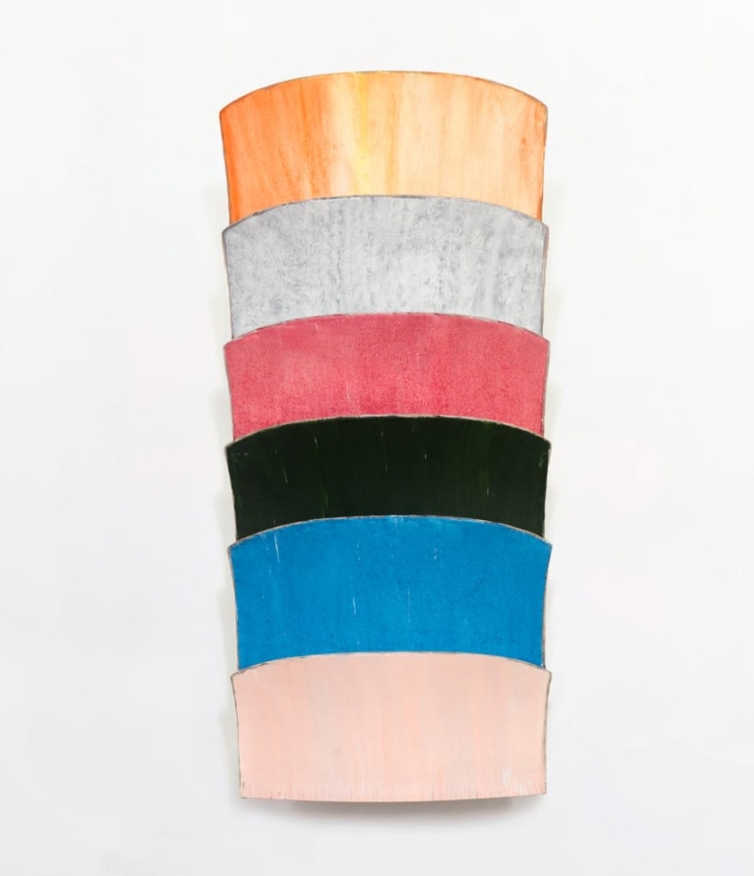 Colorful abstract artwork with six layered semicircles in orange, gray, pink, green, blue, and beige on a white background.