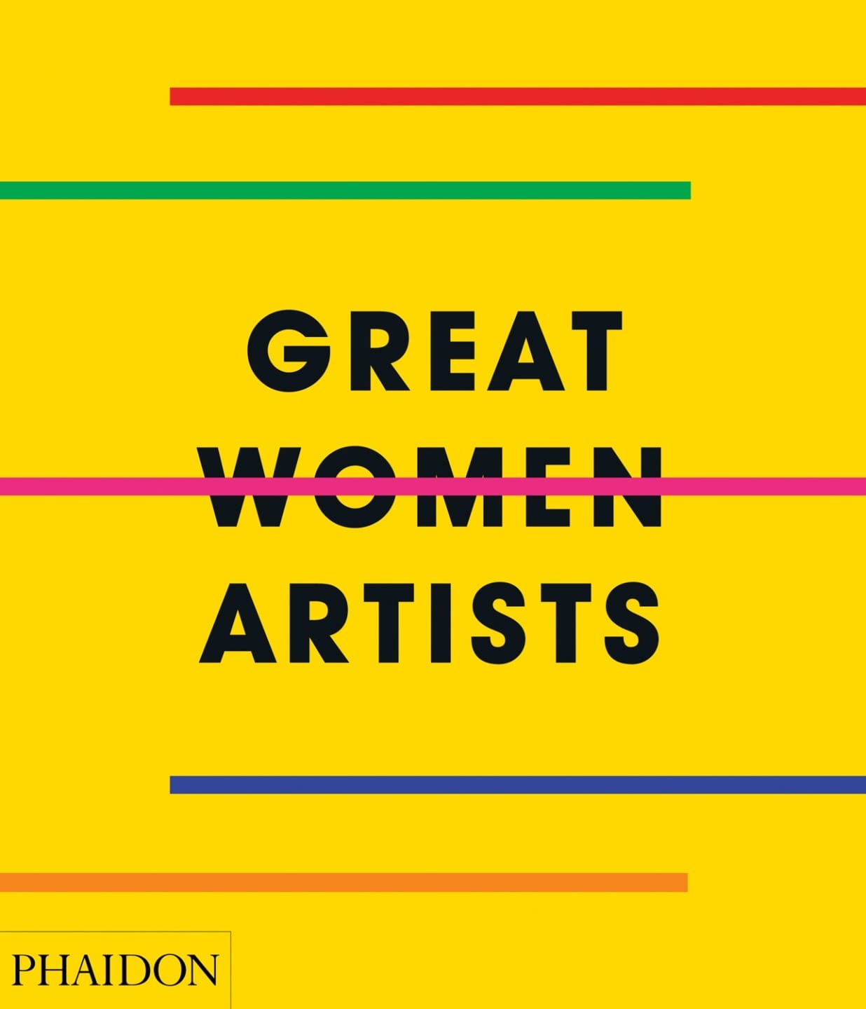 Yellow book cover with title "Great Women Artists" and colorful lines, published by Phaidon.