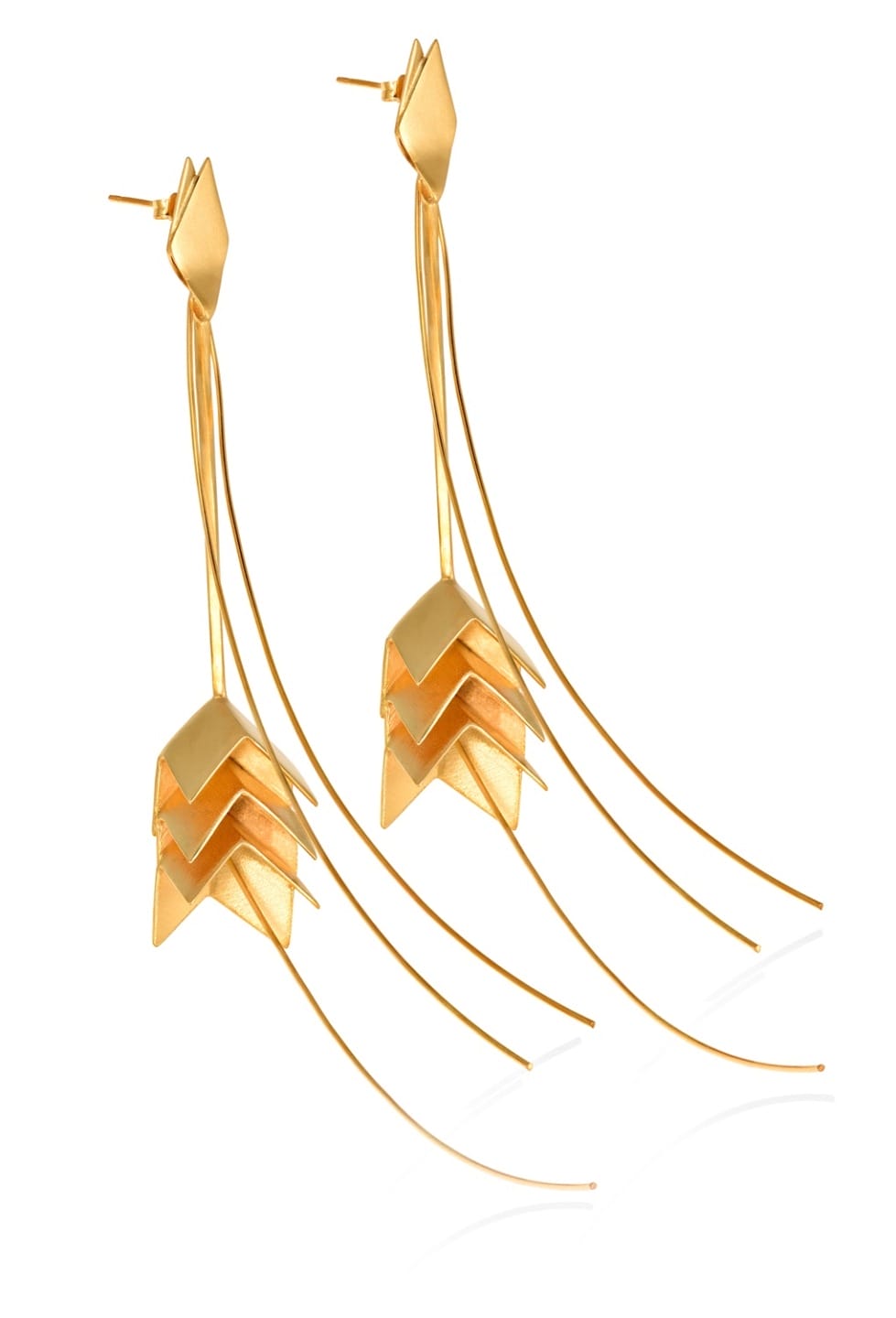 Gold drop earrings with geometric shapes and long, flowing lines, creating an elegant and modern design.