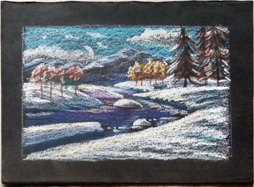 Colorful pastel drawing of a snowy landscape with a river, trees, and mountains under a blue sky.