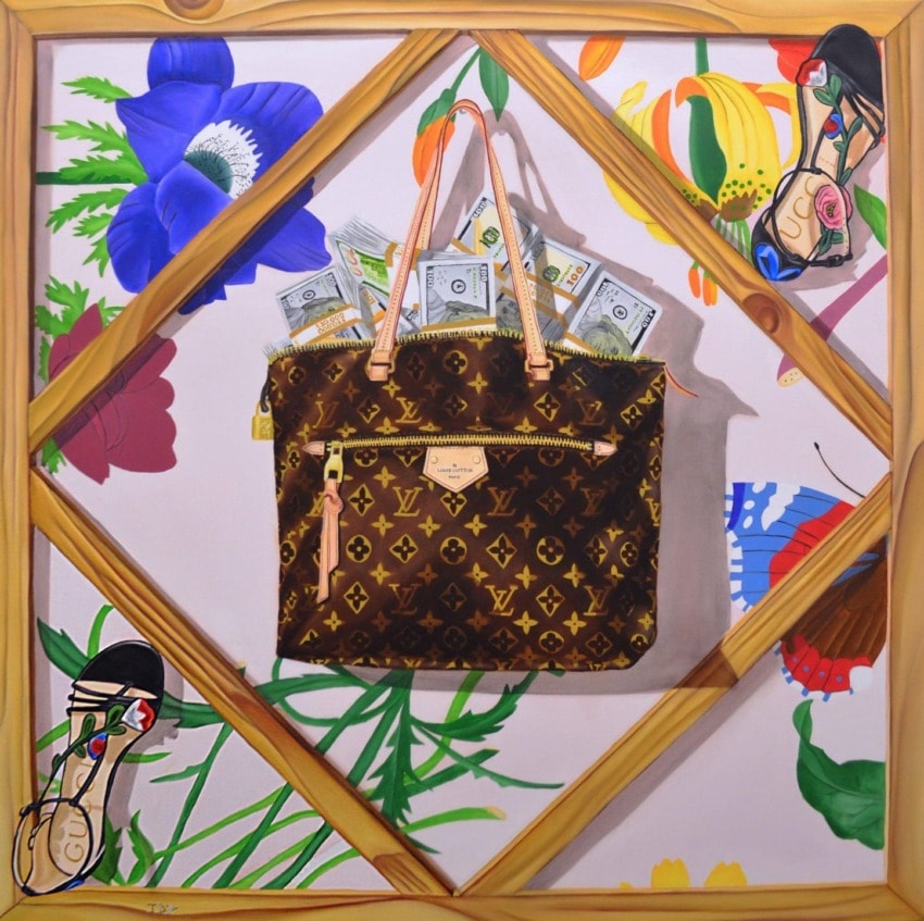 A painted Louis Vuitton bag overflowing with dollar bills, surrounded by floral and shoe illustrations in a framed setting.