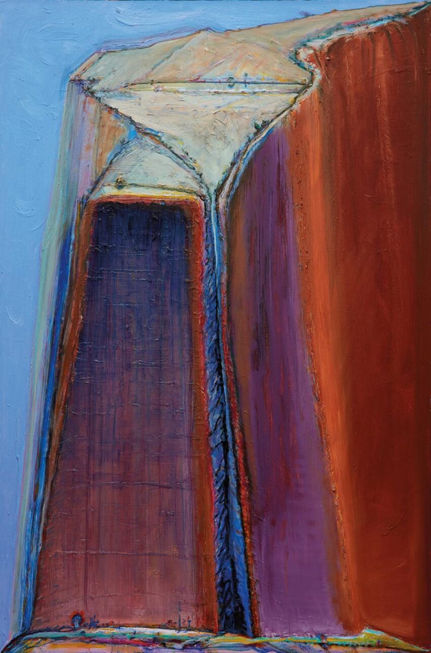 Abstract painting featuring a deep canyon with vibrant blue shadows and rich earthy tones against a clear sky.