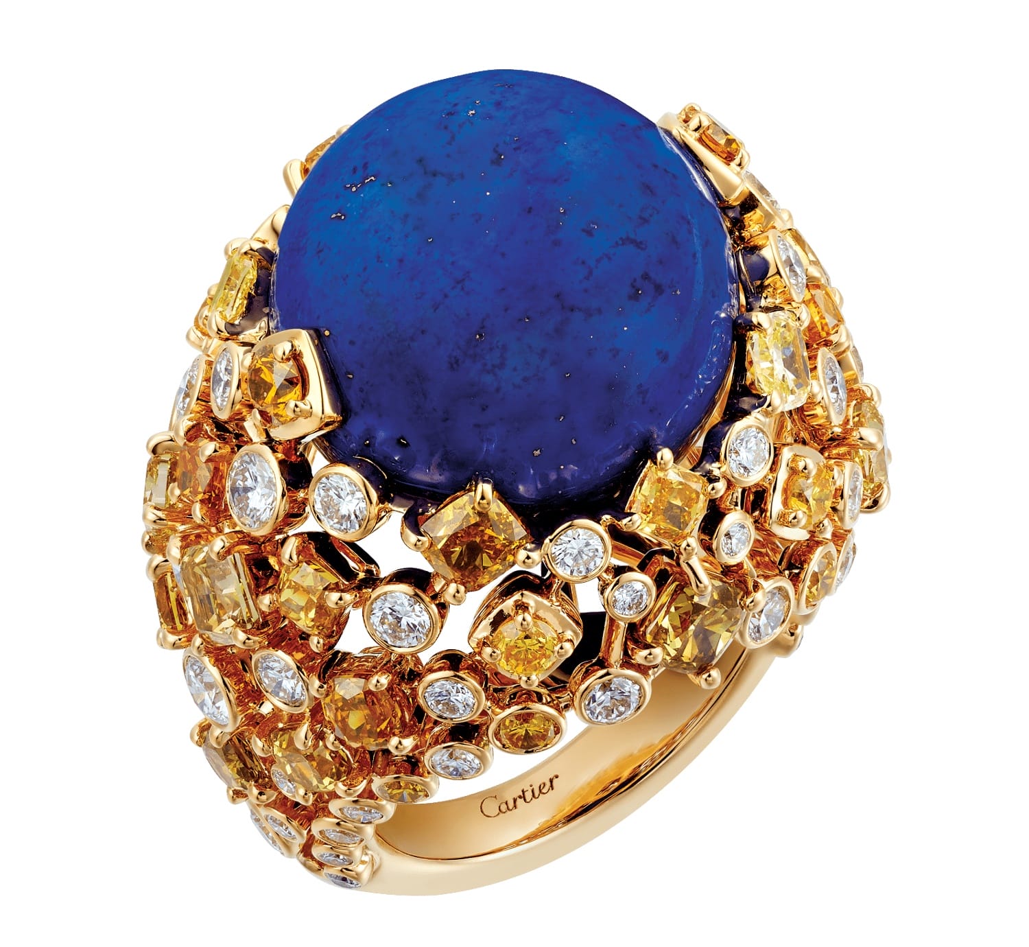 Gold ring with a large blue stone surrounded by yellow and white diamonds on an intricate band.