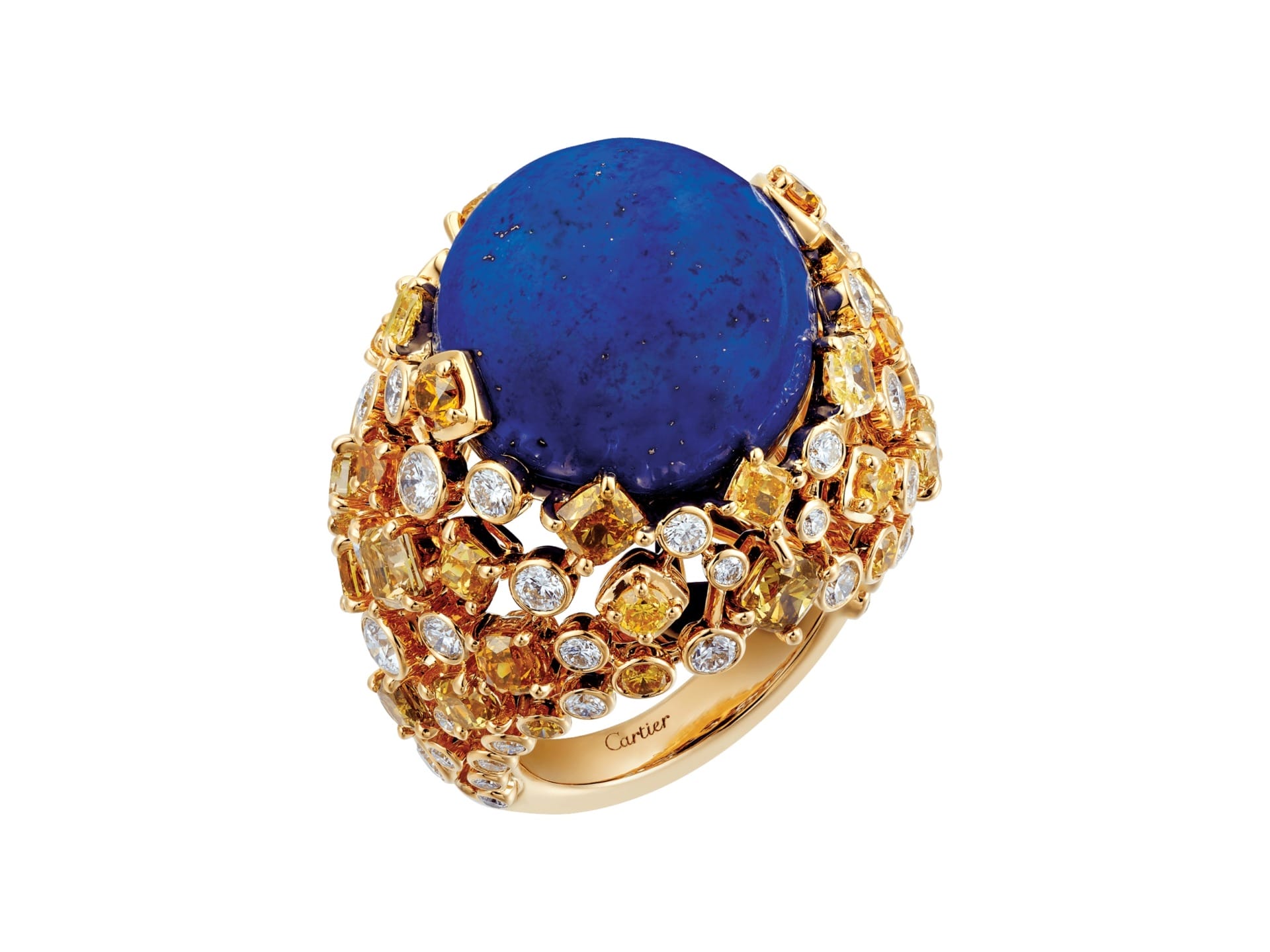 Gold ring with a large blue stone and various small yellow and clear gemstones embedded around the band.