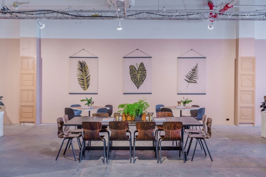 Large dining table in modern room with botanical wall art and plants.