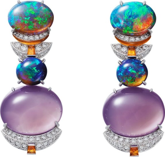 Colorful gemstone and diamond earrings featuring opals and purple stones on a white background.