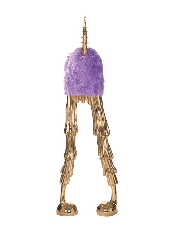 Gold skeletal legs with a fluffy purple cone-shaped top resembling a unicorn, standing upright.