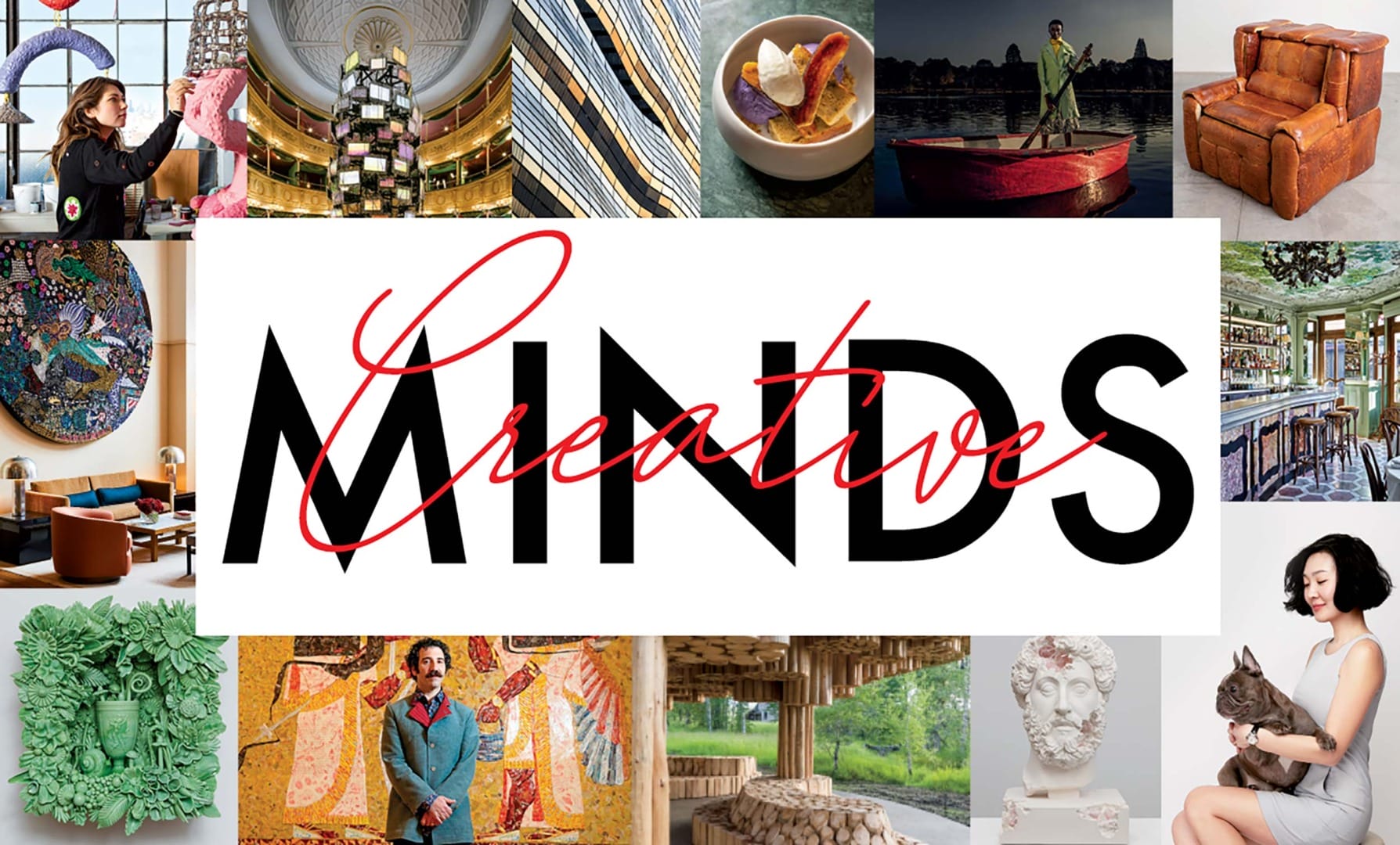 Collage of diverse creative works, including art, architecture, and design, with the text "Creatives Minds" in the center.