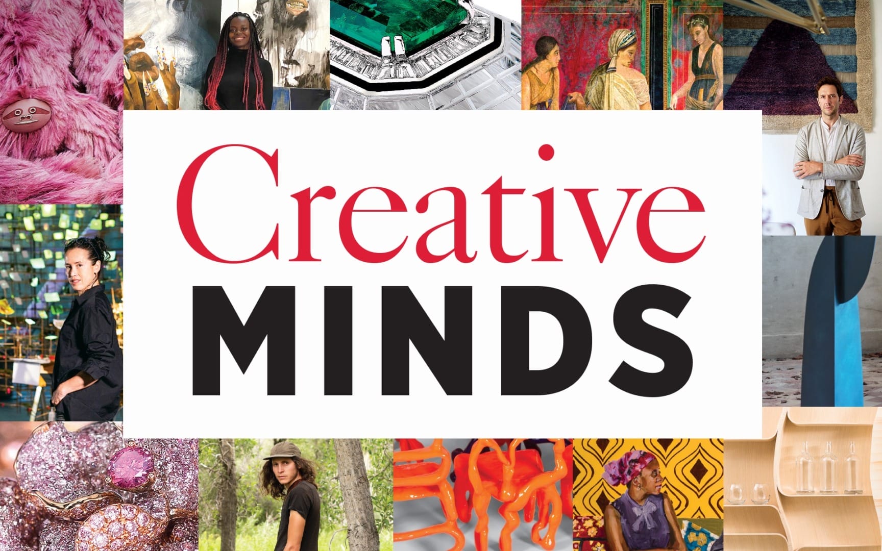 Collage of diverse artworks and people around the text "Creative Minds" showcasing creativity and diverse expressions.
