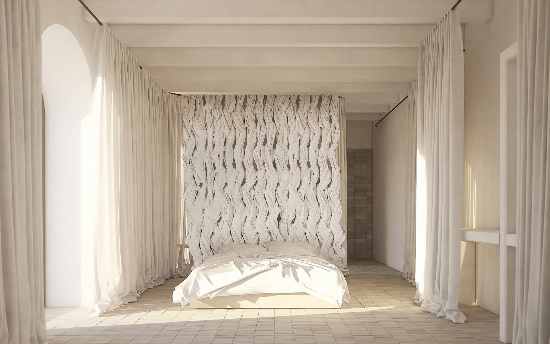Minimalist bedroom with white bedding and textured wall, soft natural light streaming through large windows, sheer curtains.