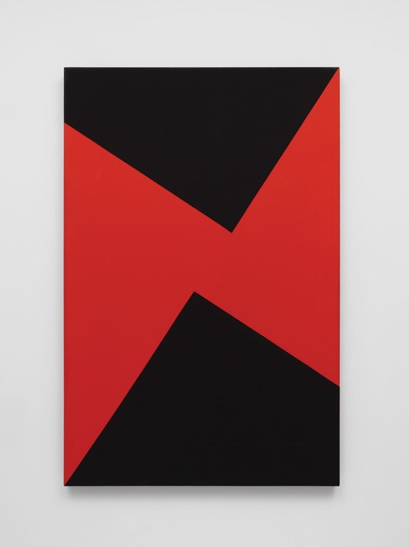 Abstract painting with bold red and black geometric shapes arranged in angular patterns on a white background.