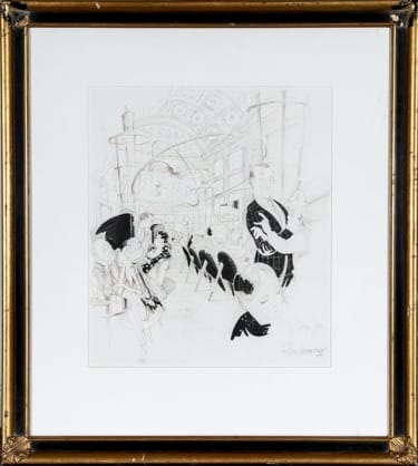 Framed black and white caricature of diners and waiters in a restaurant with ornate decor.