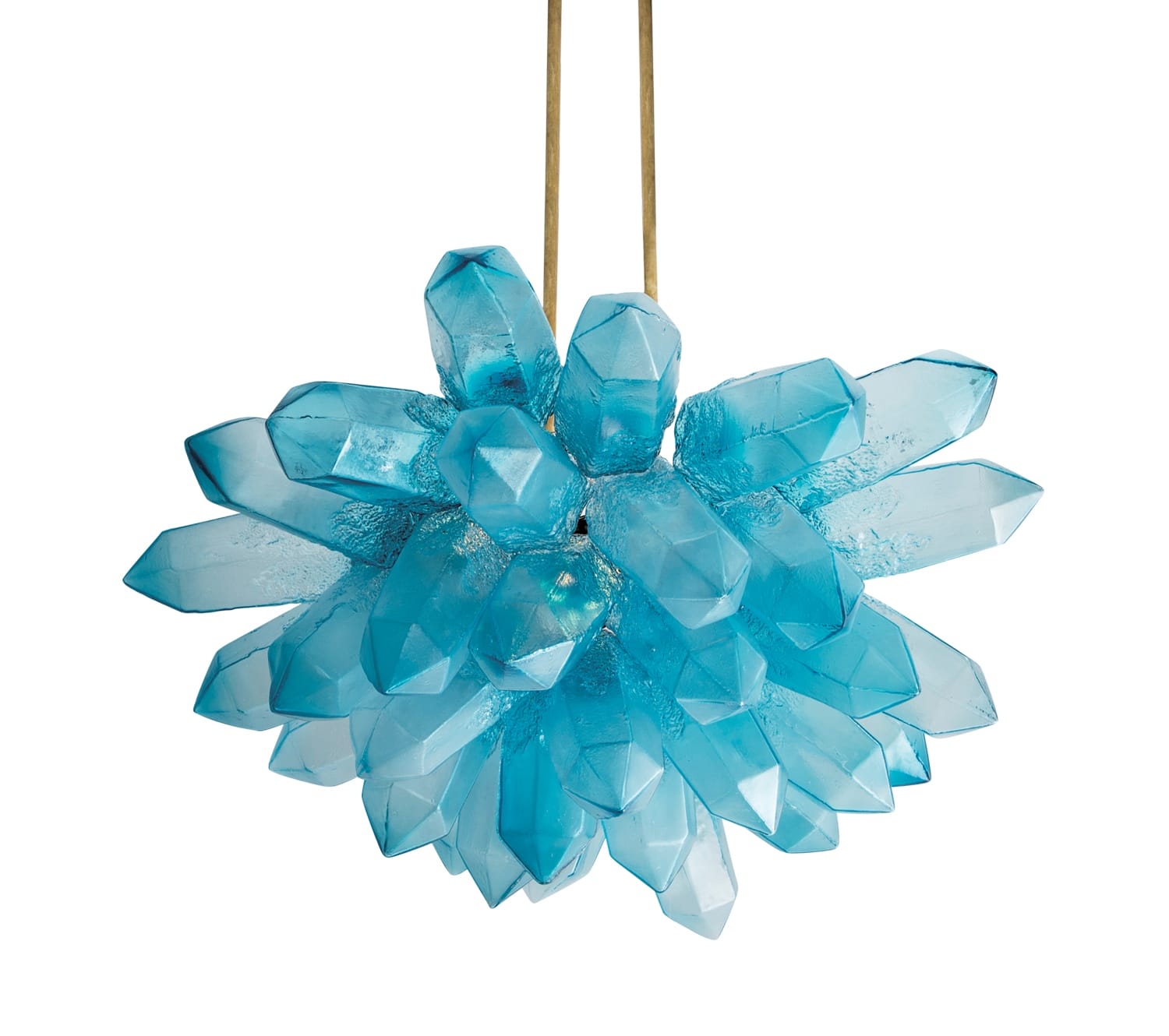 Blue crystal-shaped chandelier with gold accents, giving an elegant and modern flair to interior decoration.