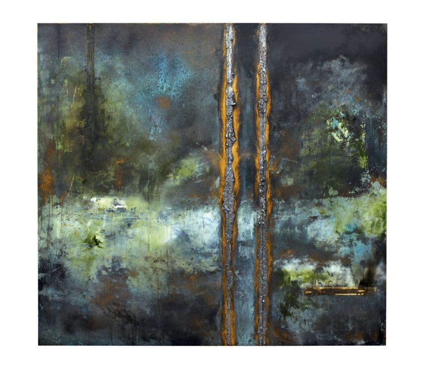 Abstract painting with vertical textured lines and a mix of dark, earthy colors including green, brown, and blue.