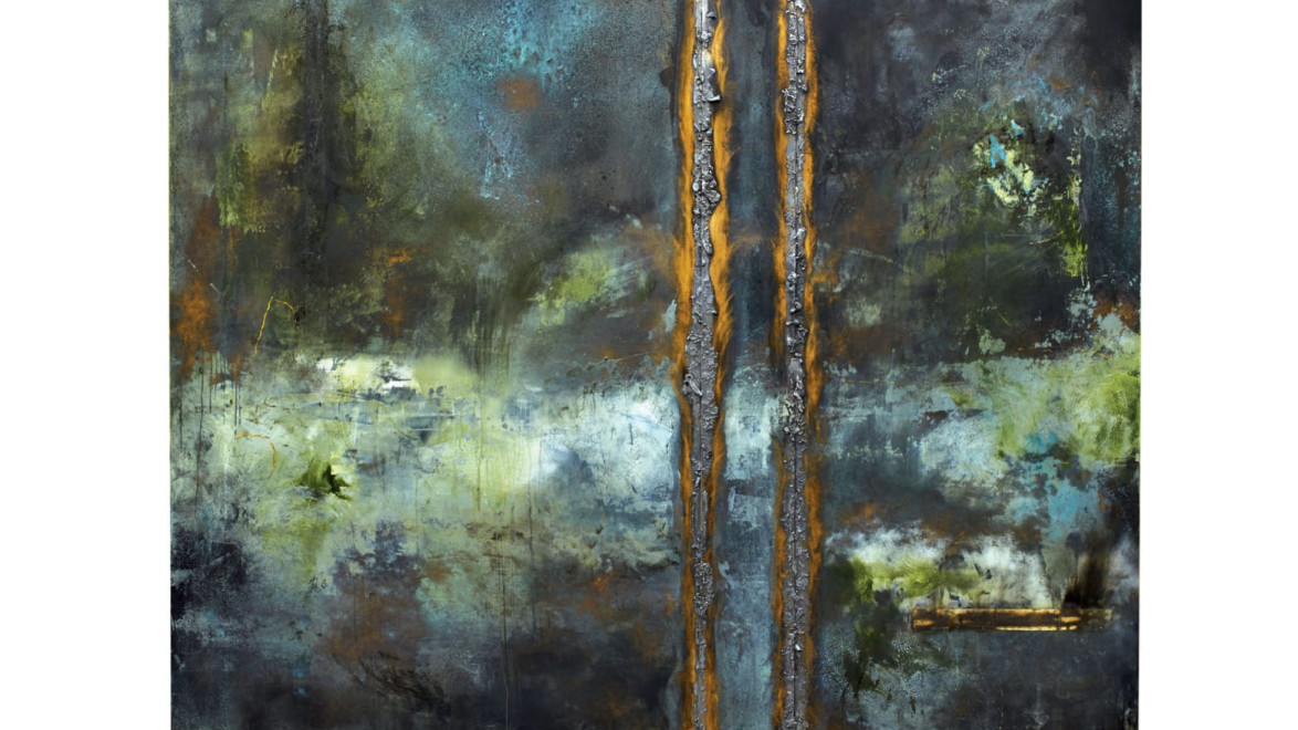 Abstract painting with dark tones and vertical textured elements, featuring blue, green, and brown hues on a canvas.