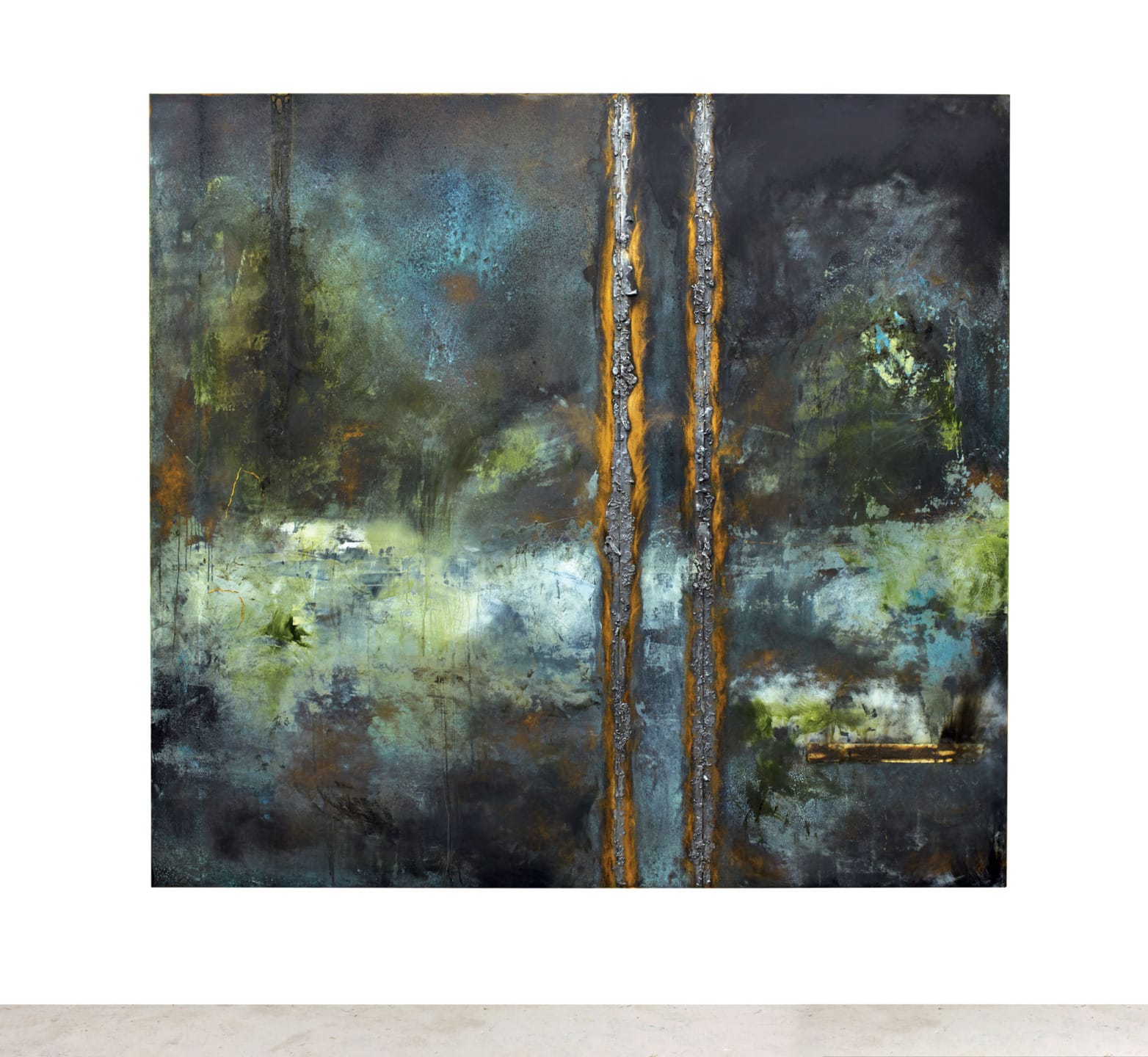 Abstract painting with dark tones and vertical textured elements, featuring blue, green, and brown hues on a canvas.