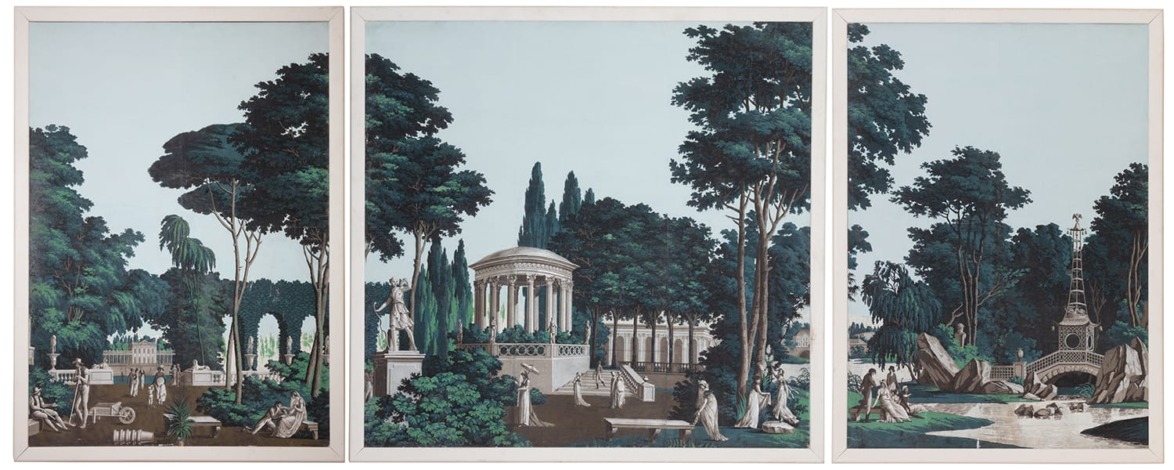 Scenic triptych depicting a classical garden with lush trees, statues, a pavilion, and a pond, in a panoramic view.