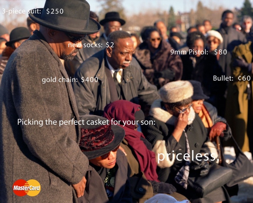 A group of people attending a funeral, with humorous text about costs of items and experiences related to the scene.
