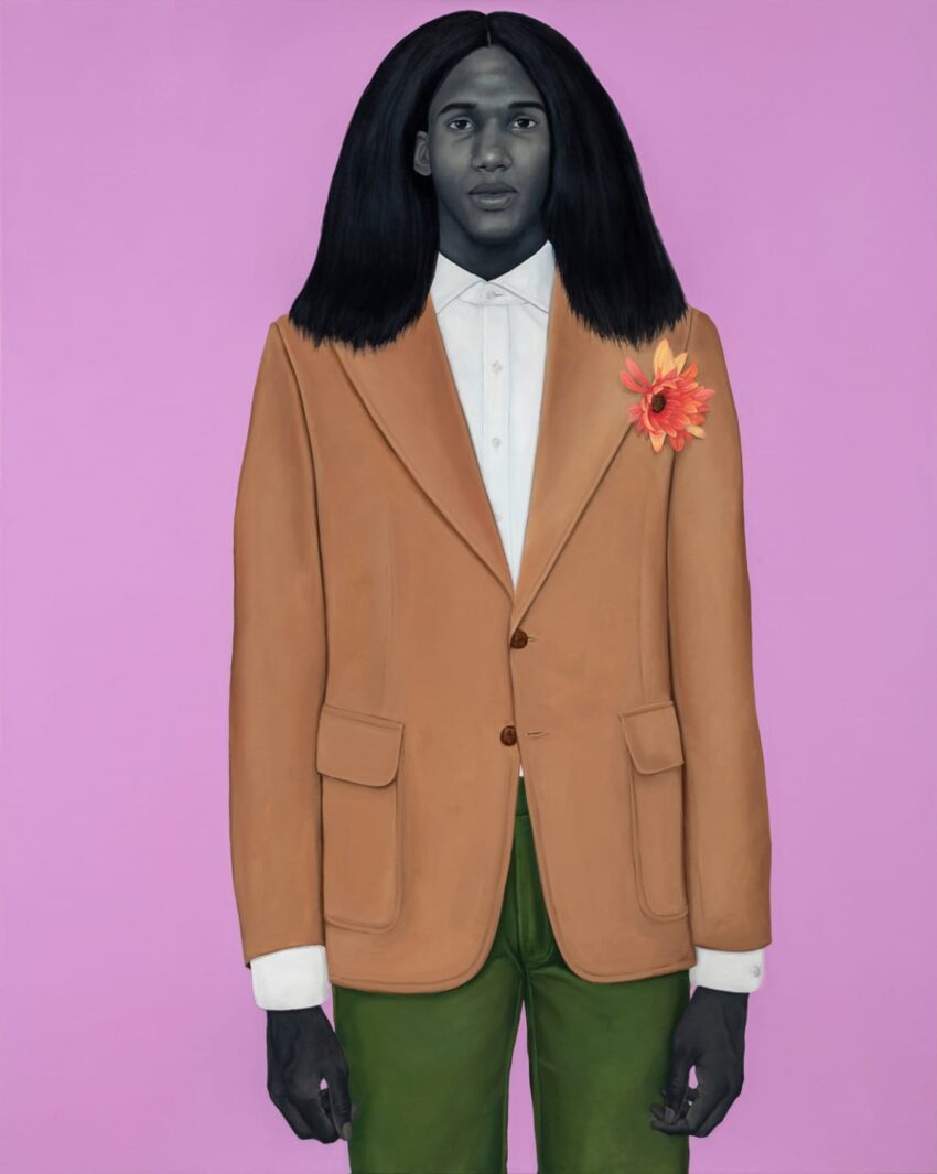 Painting of a person with long hair, wearing a tan jacket with a flower, white shirt, and green pants against a pink background.