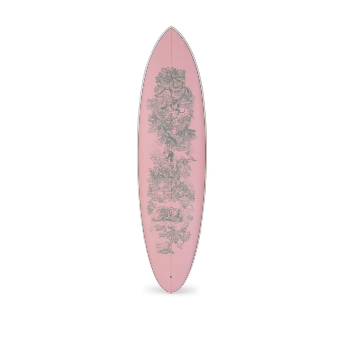 Pink surfboard with intricate botanical illustration design on the deck.