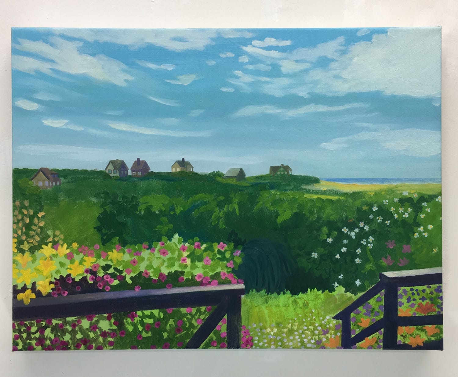 Colorful landscape painting with houses, gardens, and a blue sky with clouds in the background.