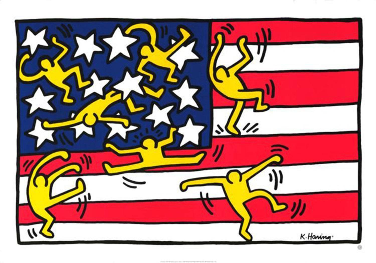 Illustration of six yellow human figures dancing on a stylized American flag with stars and stripes.